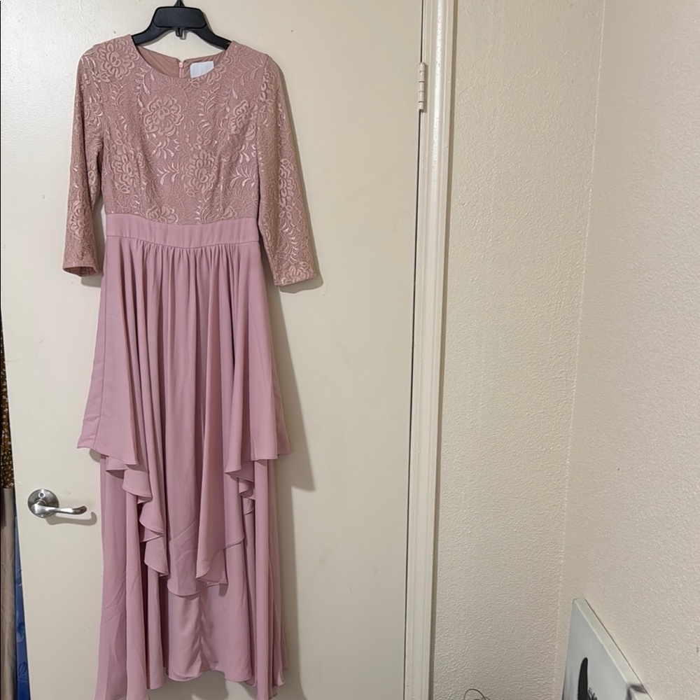 Asymmetrical Pink Tiered Maxi Gown with Bell Sleeves